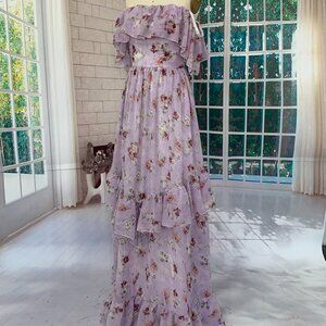 Handmade Floral Off-Shoulder Maxi Dress with Ruffle Layers